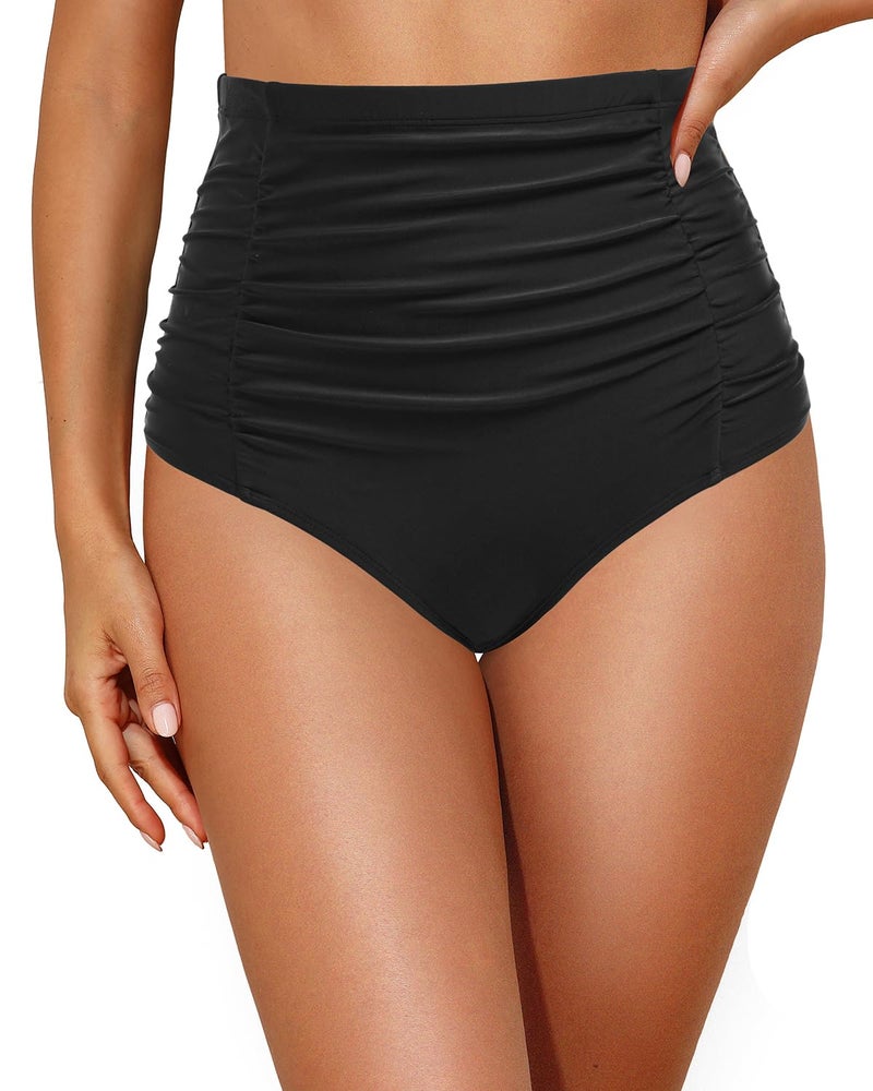 Tempt Me Women's High Waisted Swimsuit Bottom Black Tummy Control Ruched Bikini Bottom Vintage Swim Bottom Tankini Briefs S - Image 1